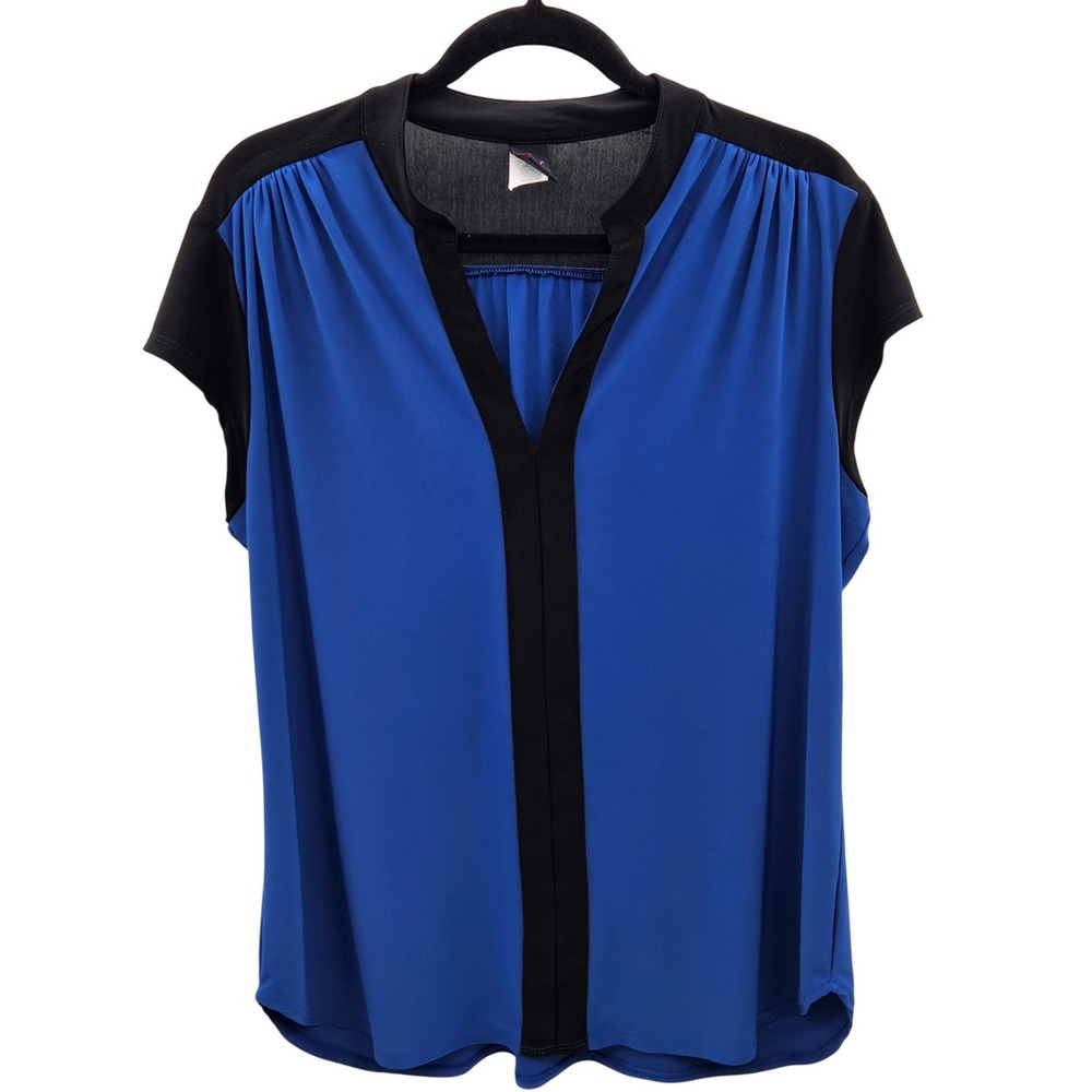 Wrapper Women Royal Blue Black Colorblock V-Neck Cap Sleeve Blouse XL 65SK5023M